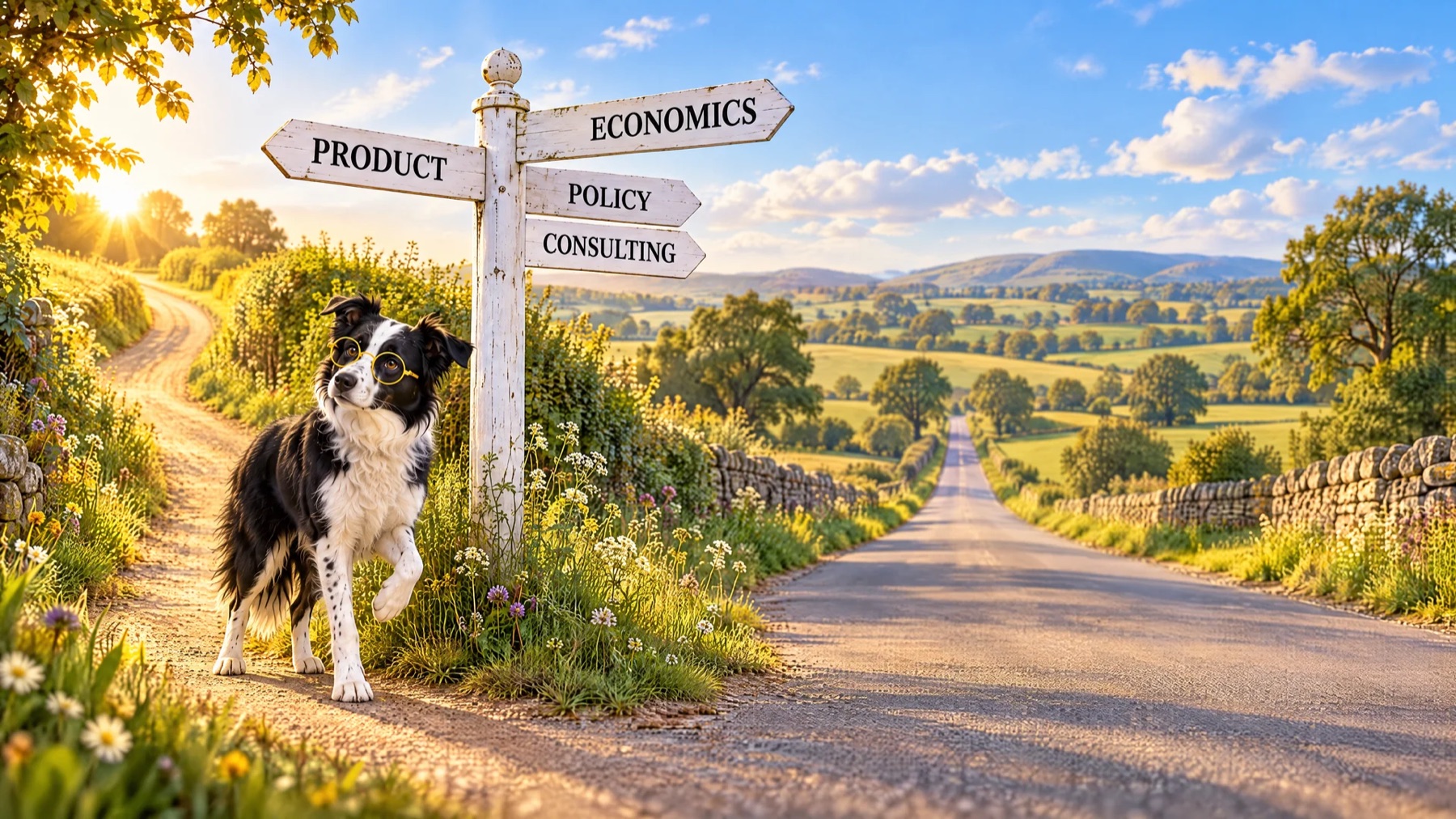 Clive beside a country signpost pointing to Product, Economics, Policy and Consulting
