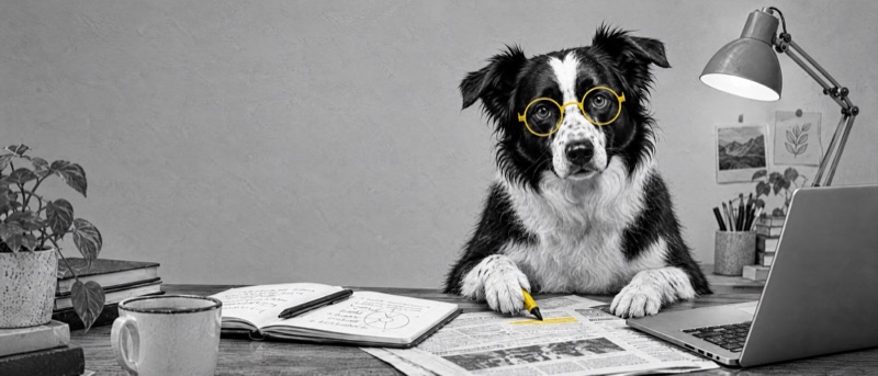Clive at a desk in yellow glasses, reading a newspaper with a notebook and laptop, in black and white