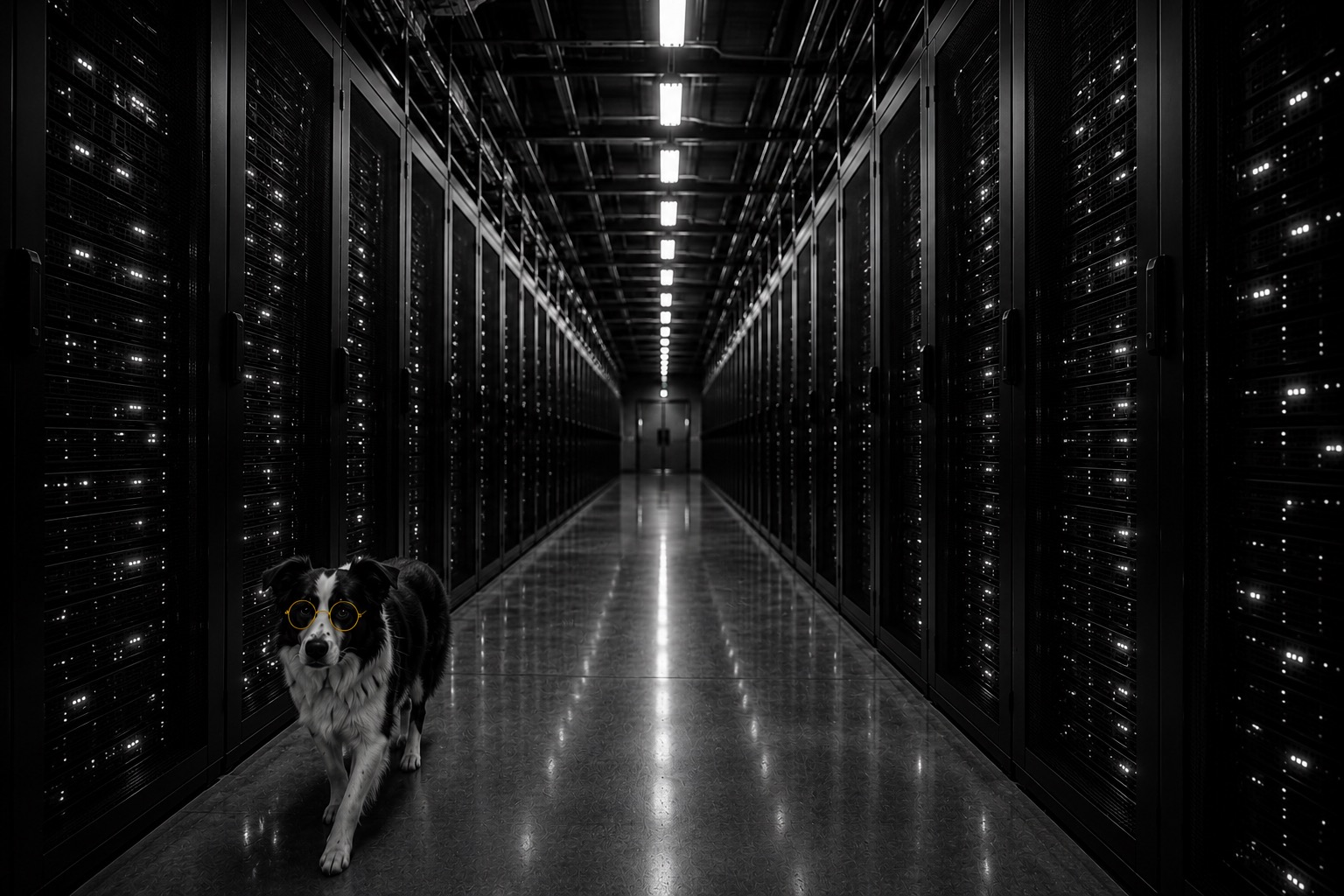 A border collie in yellow glasses walking a data-centre aisle