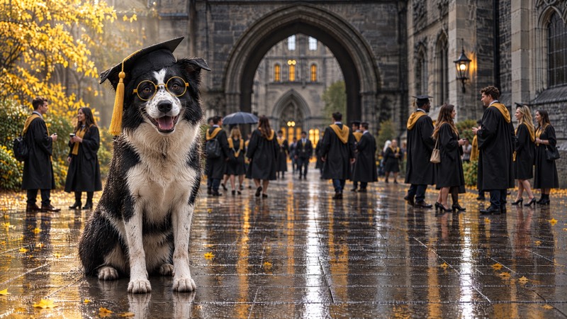 A border collie in yellow glasses and a graduation cap grinning at the camera as sunlight breaks through the rain, graduates in gowns chatting by a university archway behind