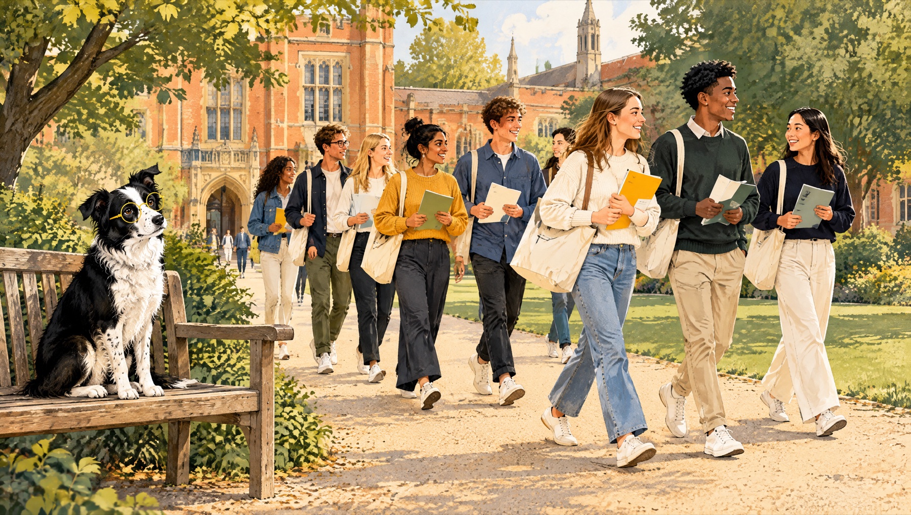 Clive sits on a wooden bench and watches a group of young applicants with prospectuses walk past towards a red-brick university.